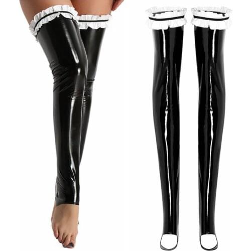 Women Sexy Latex Tights Pantyhose Wet Look PVC Leather Thigh High Lace Ruffled Stockings for Party Club Wear Hot Lingerie