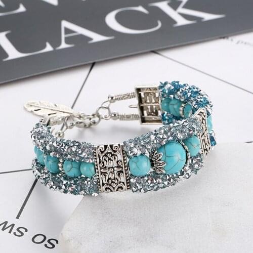 Bohemian Blue Stone Beaded Rhinestone Bracelets for Women Retro Ethnic Charm Bracelets Bangle Trendy Female Accessories Jewelry