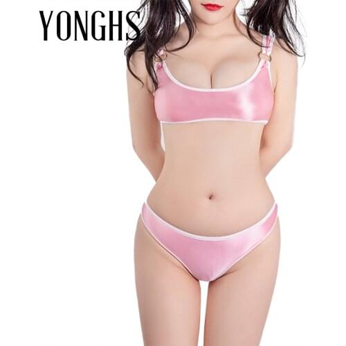 Womens Glossy Erotic Lingerie Set Two-piece Sexy Nightwear O Ring Wide Shoulder Strap Cropped Vest with Briefs Panties Sexy Suit