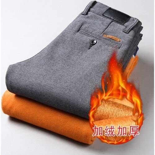 Winter Mens Fleece Thick Pants Men Fit Formal Trousers High Quality Brand Business Black Gray Warm Slim Long Casual Pants Men