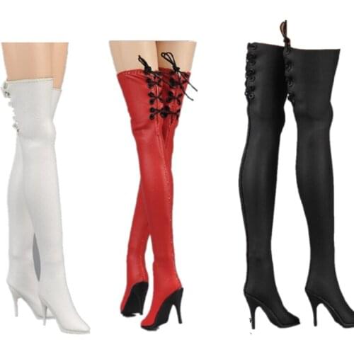 1/6Scale Female Leather Boots For Action Figure High Heeled Long Boots Model with Feet Inside Fit Phicen Figure