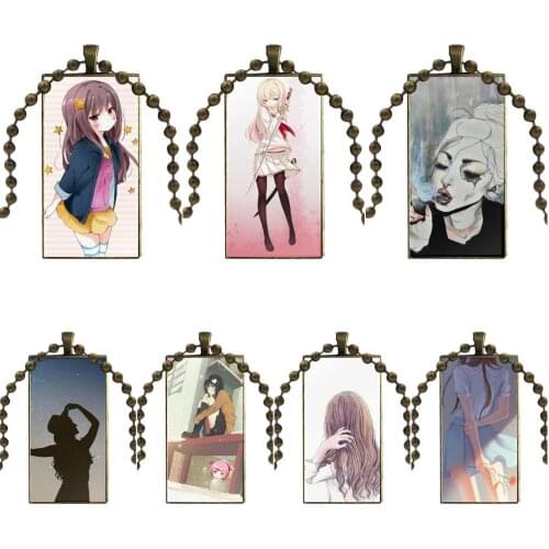 Design Fashion Vintage Glass Women Rectangle Necklace Pendants For Women Children Cartoon Fashion Girl Painted Design