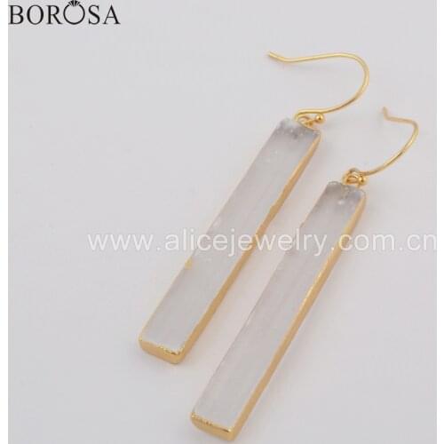 Selenite Long Bar Dangle Earrings Gold Plated Rectangle Transparent Selenite Drop Earrings Elegant Lady Gifts Gems Girl Jewelry