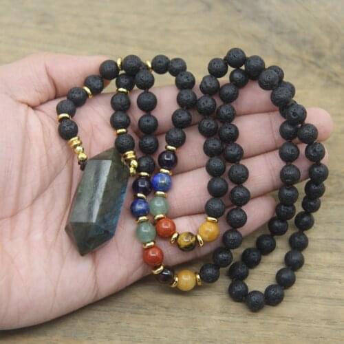 Natural Labradorite Double Point Pendants Yoga Jewelry 8mm Lava Stone Round Beads Knotted Handmade Necklaces Wholesales,QC0115