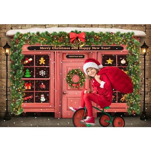 Red Christmas Shop Photo Backdrop Happy New Year Photography Background Green Wreath Brick Winter Christmas Party Backdrops