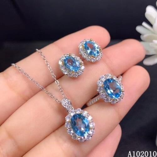 KJJEAXCMY fine jewelry 925 sterling silver inlaid natural blue topaz earrings ring pendant exquisite girl suit support test