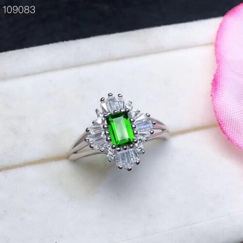 Luxurious big paw square flower Natural green diopside gem Ring Natural gemstone ring S925 silver women girl gift party Jewelry