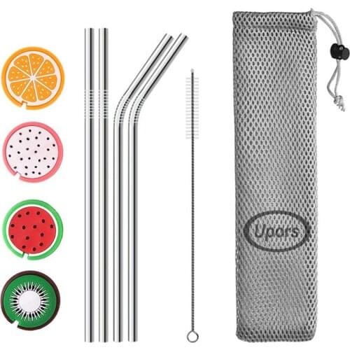UPORS 215*6mm Metal Drinking Straws Eco Friendly Stainless Steel Straws with Silicone Maintainer Tips Reusable Straw Brush Pouch