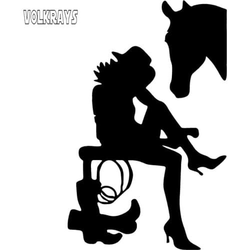 Volkrays Fashion Car Sticker Cowgirl Horse Boots High Heels Girl Auto Decoration Accessories PVC Decal Black/Sliver,14cm*8cm