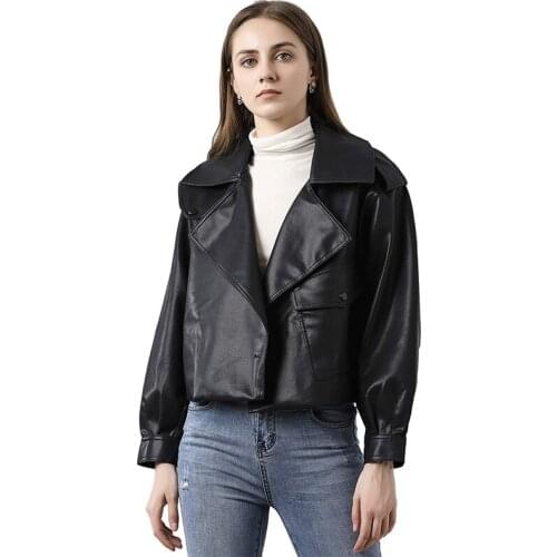 Trendy Autumn Turndown Collar Soft Faux Leather Short Jacket Women Loose Streetwear Punk Pu Coat Motorcycle Biker Outerwear