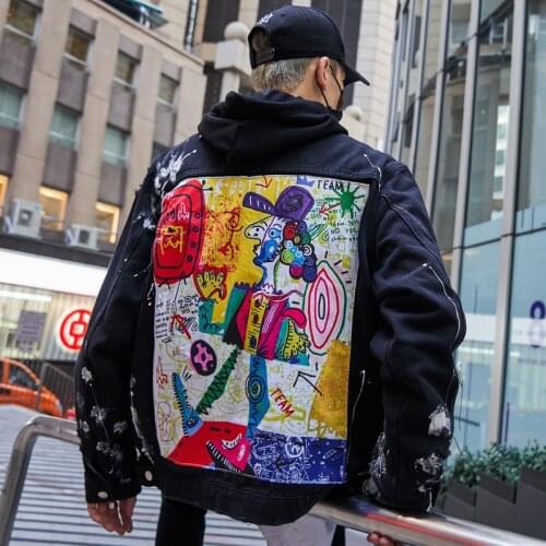 SEVEYFAN Mens Fashion Oil Painted Graffiti Denim Jacket Hip Hop Ripped Coat Streetwear Couples