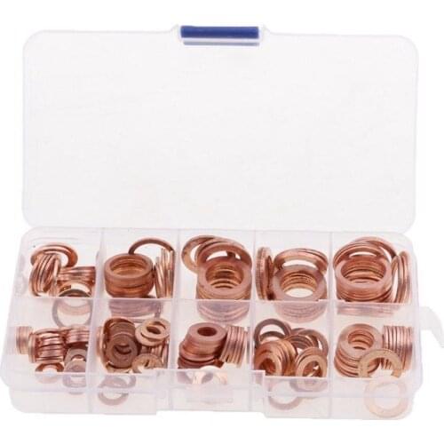 200 PCS Copper Washers Gaskets Set M5/M6/M8/M10/M12/M14 Spacer for Nut and Bolt Set Washer Strengthen Sealing Material with Box