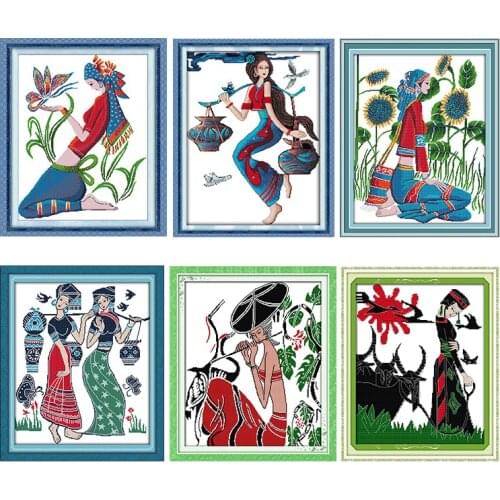 Cross-Stitch Kits Stamped Minority Young Girls Printed 11CT 14CT Counted Patterns Crafts Home Decor Embroidery Needlework Thread