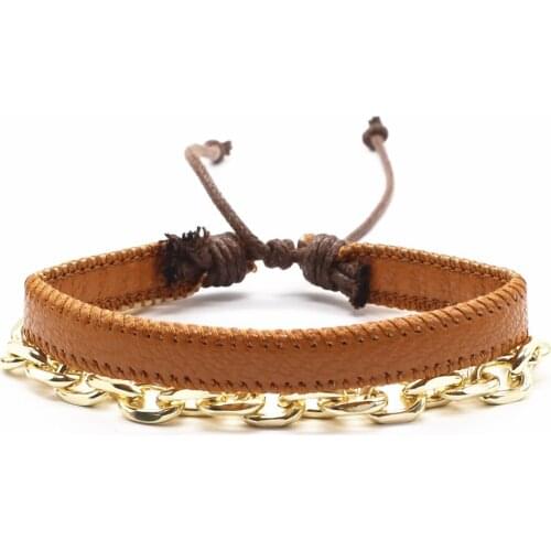 New Couple Punk Hiphop Rock Link Gold Color Chain Braided Leather Femme Homme Male Men Bracelets for Women Jewelry Friendship