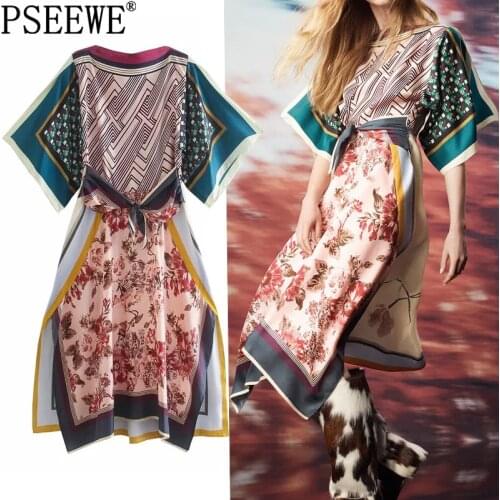 PSEEWE Za Patchwork Satin Dress Woman Print Midi Dress Women Summer Long Dresses 2021 Fashion Tied Slit Vintage Gothic Dresses