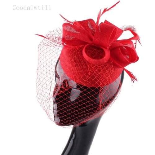 Red vintage mesh women fedora cap ladies wedding chapeau cap hair pin net fascinator hat bride veil chapeau cap church millinery