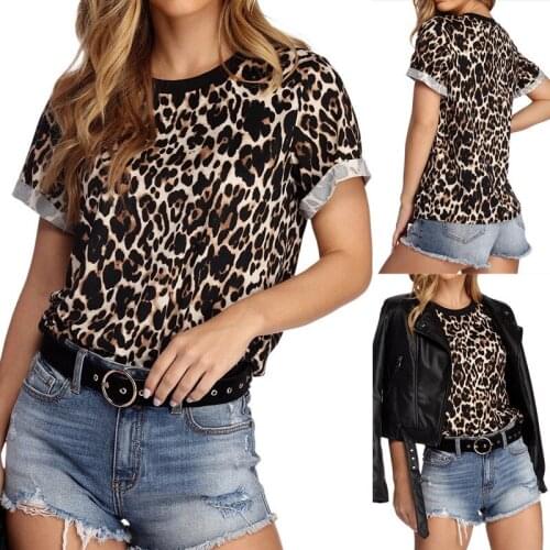 European and American summer new leopard print round neck womens short sleeve T-shirt bottoming harajuku