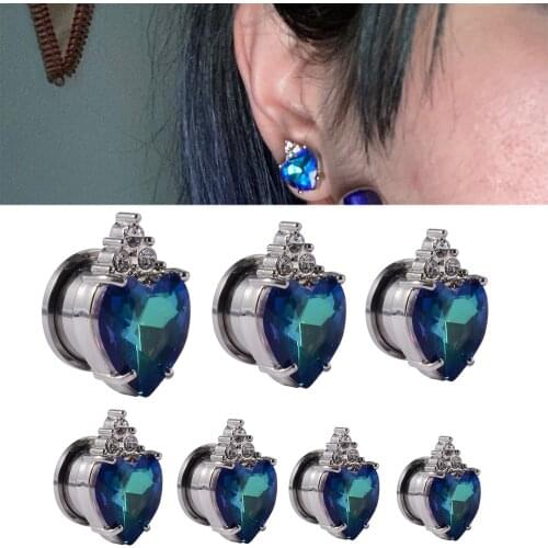 1 Pair Surgical Steel Heart Zircon Ear Plug Rainbow Gem Screw Fit Flesh Tunnel Hollow Plugs Gauge Earrings Piercing Body Jewelry