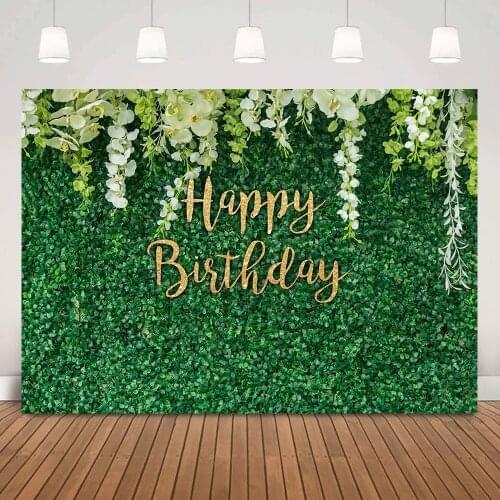 Green Grass Wall Happy Birthday Backdrop Children Adult Birthday Party Background Decorations White Flowers Wedding Photo Studio