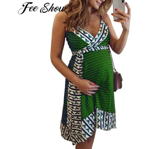 Womens Maternity Elegant Floral Geometry Printed V Neck Sleeveless Knee Length Pregnant Photography Dress for Social Party
