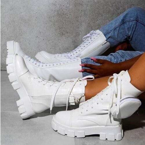 Womens Platform Pocket Motorcycle Boot 2020 Winter Woman Lace Up Women Leather Ankle Boot Ladies Low Heel Female Shoe Plus Size