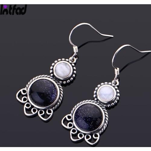 Natural Moonstone Round Blue Sandstone Earrings 925 Sterling Silver Earrings for Women Fashion Fine Jewelry Gift