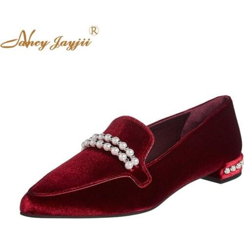 Flock Female Pumps Ladies Shoes Solid Low High Square heels Pearl Pointed Toe Slip-On Spring/Autumn Fashin Classics Elegant 2019