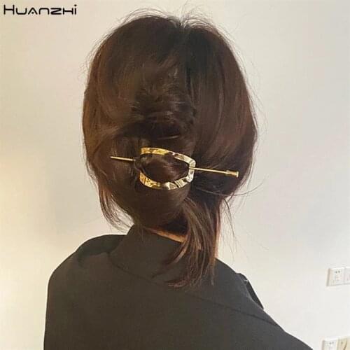 HUANZHI 2020 Gold Silver Color Metal Geometric Round Square Hollow Removable Top Clip Hair Sticks Headwear Accessories for Women