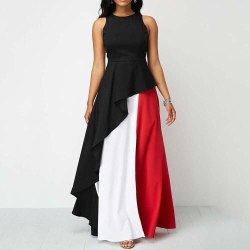 OTEN Woman Elegant Sleeveless Round Neck Evening Dress Fashion Splicing High Waist Ruffled Irregular Splits Swing Maxi Dress