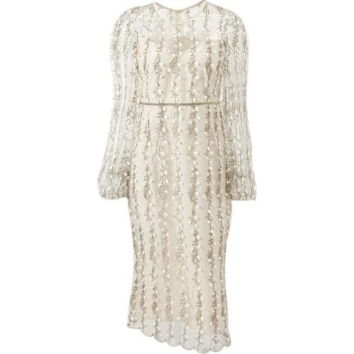 Womens Floral Print Mesh Dress Puff Sleeves O-Neck Lace Patchwork Embroidery Dresses 2021new Fashion Elegant Lady Vestidos