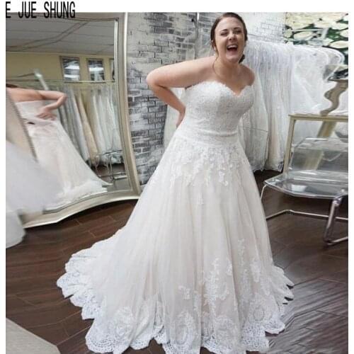 E JUE SHUNG Plus Size Strapless Wedding Dresses A Line Lace Up Back With Appliques Bridal Dresses robe de mariee Wedding Gowns