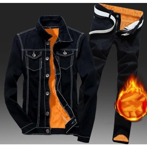 Winter Men Fleece Lining Thick Warm Denim Two Piece Set Slim Fit Cowbody Jacket Jeans Suit Safari Style Cargo Pants Matching Set