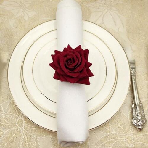Wholesale 6 Pcs Simulation Roses Napkin Rings Napkin Buckle Holder Table Decoration For Wedding Hotel Home Gathering Dinner