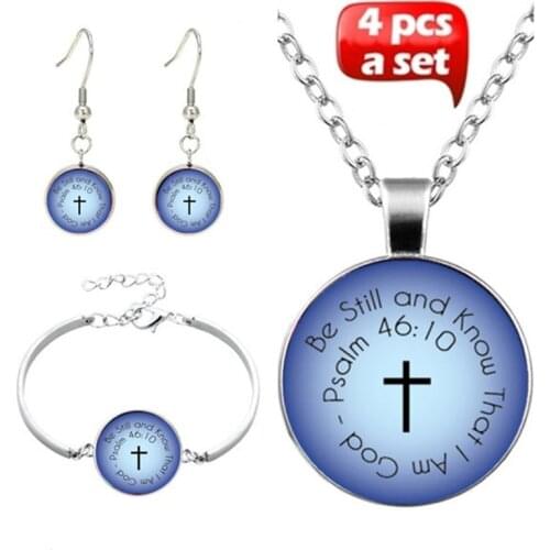 4pcs/Sets Bible Verse Necklace Bracelet Earrings 'Be Still and Know That I Am God' Pendant Psalm 46:10 Quote Jewelry Pendant