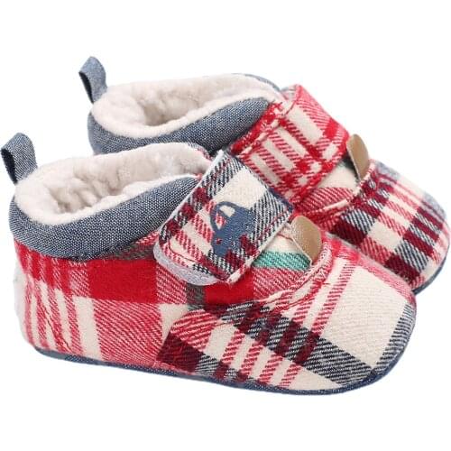 2020 New Winter 0-15M Baby Boy Girl Shoes Plaid Car Print Plush Booties Bulkle Strap Fleece Toddler Newborn Soft Sole Walking