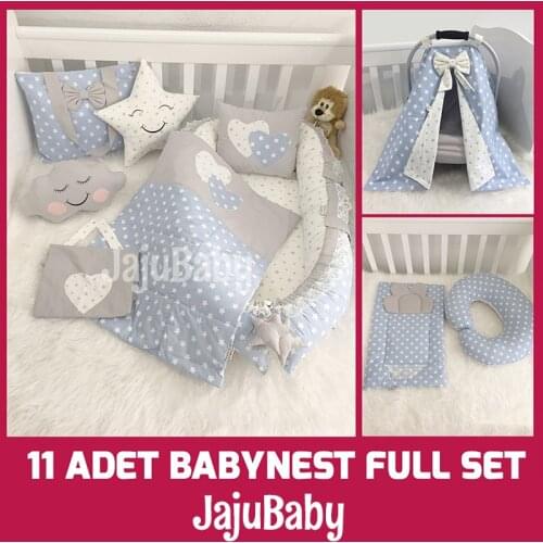Jaju Baby Babynest Blue and Gray Star 11 Piece Full Set Luxury Baby Nest Baby Sleep Set, Breastfeeding Pillow, Stroller Cover