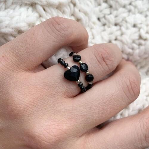 New Fashion Black Natural Stone Rings for Women with Stainless Beads Obsidian Wedding Party Gifts for Girls 2021 Trend