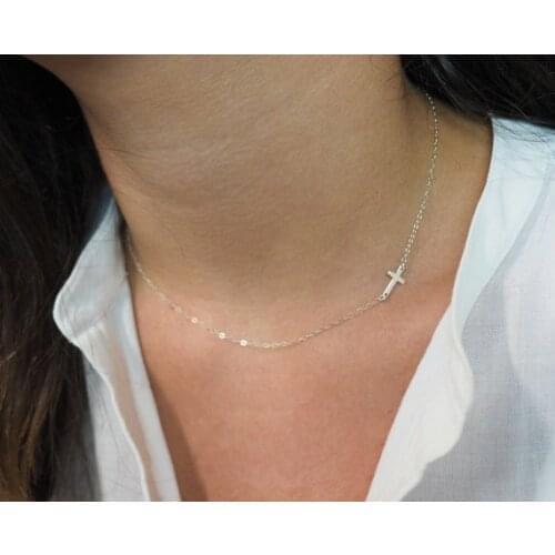 Women Gold color Sideways Cross Necklace Tiny cross Celebrity Sliver Filled Chain choker Necklace Collier Jewelry bijoux wedding