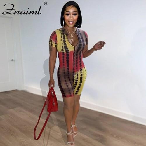 Znaiml Casual Active Wear Tie-Dye Playsuit Biker Women Short Sleeve Skinny Rompers Ladies Jumpsuit Zip Up Elastic Party Bodysuit