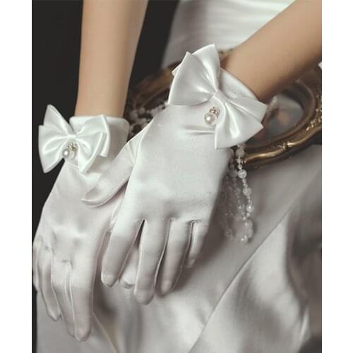Korean Vintage Womans Bow Pearl Finger Satin Wedding Dress Gloves Summer Sunscreen Anti-UV Thin Lace Driving Mittens M44