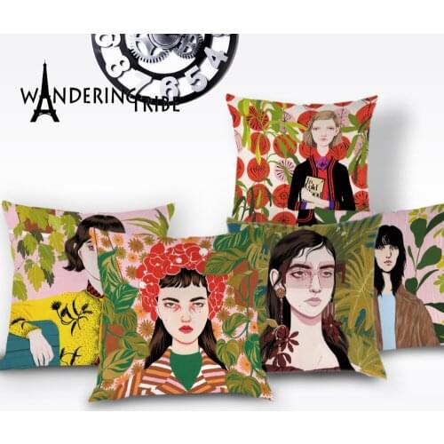 Beautiful Girl Cushion Cover Portrait Jungle Decorative Throw Pillow Case Plant Pretty Retro Home Decor Sofa White Pillow Covers