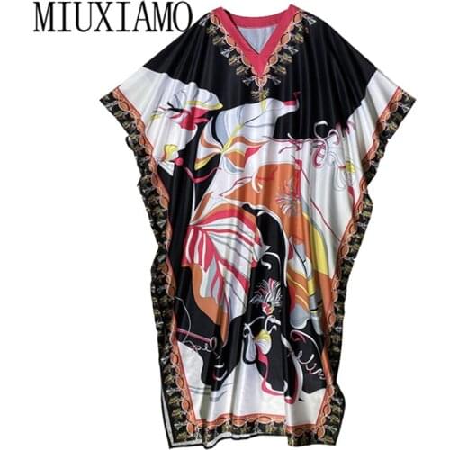 MIUXIMAO 2021 Bohemian Plus Size Dress o-neck Batwing Sleeve Maxi Dress Women Silk Floor Length Flower Print Kaftan Dress Belt
