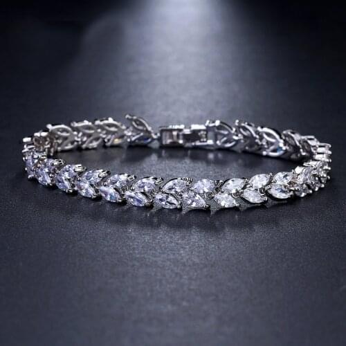 ORZTOON Fashion Unusual Oval Zircon Leaf Bracelets For Women Vintage Luxury Silver Color Brass Bracelet Trendy Wedding Jewelry