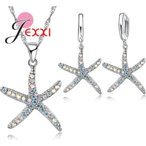 Fashion Woman Jewelry Sets Sweet Starfish Necklace & Earrings With New Pendant 925 Sterling Silver CZ Jewelry