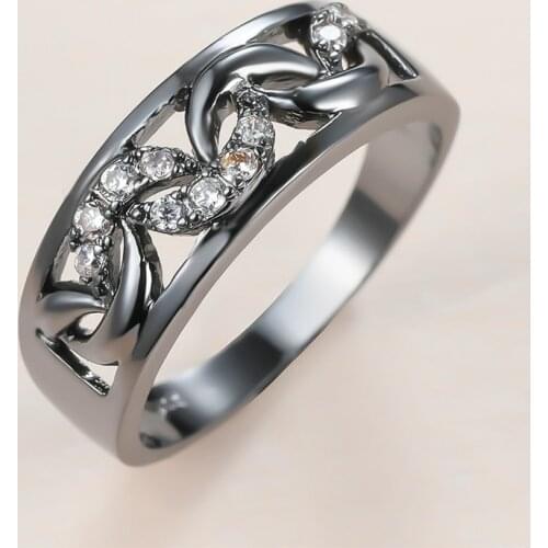 Trendy Male Female White Crystal Rings Charm 14KT Black Gold Wedding Rings For Women Men Hip Hop Hollow Geometry Engagement Ring