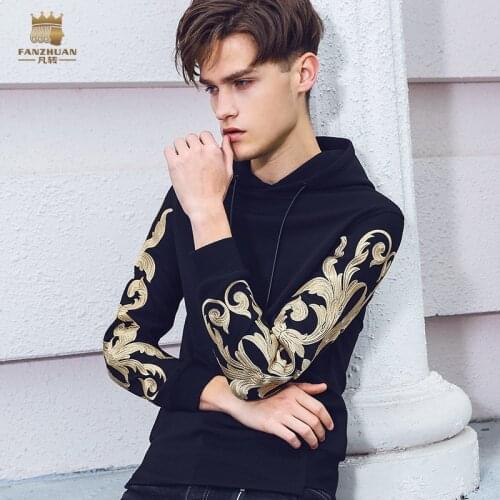 Fanzhuan New Free Shipping fashion casual Mens male man 2018 Spring autumn Baroque Embroidered Hooded Sweatshirt Black 815085