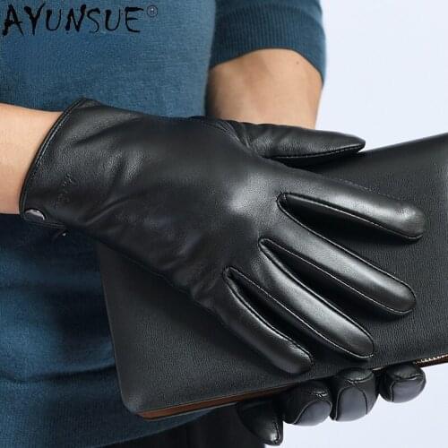 AYUNSUE New Fashion Mens Gloves Winter Genuine Sheepskin Leather Gloves Male Touch Screen Warm Thick Gloves Handschoenen SQQ388