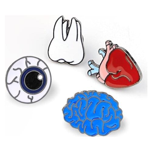 4Pcs Set Anatomical Brain Teeth Eyes Heart Cartoon Brooches Human Organs Weird Body Parts Doctor Health Pins Badge Goth Gifts