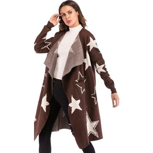 Neatie Kiddie Fashion Knitting Star Print Women Trench Coat Outwear V-neck Loose Autumn Winter Long Coat Pockets Cardigan