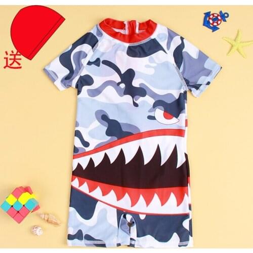 2021 new one-piece boys' swimsuit camouflage childrens cartoon zipper short sleeve